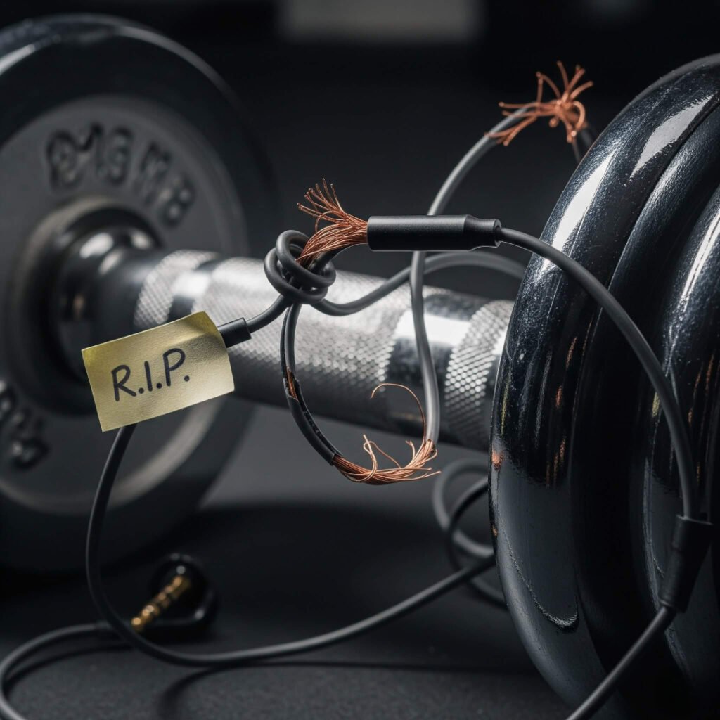 Broken headphone wire wrapped around dumbbell