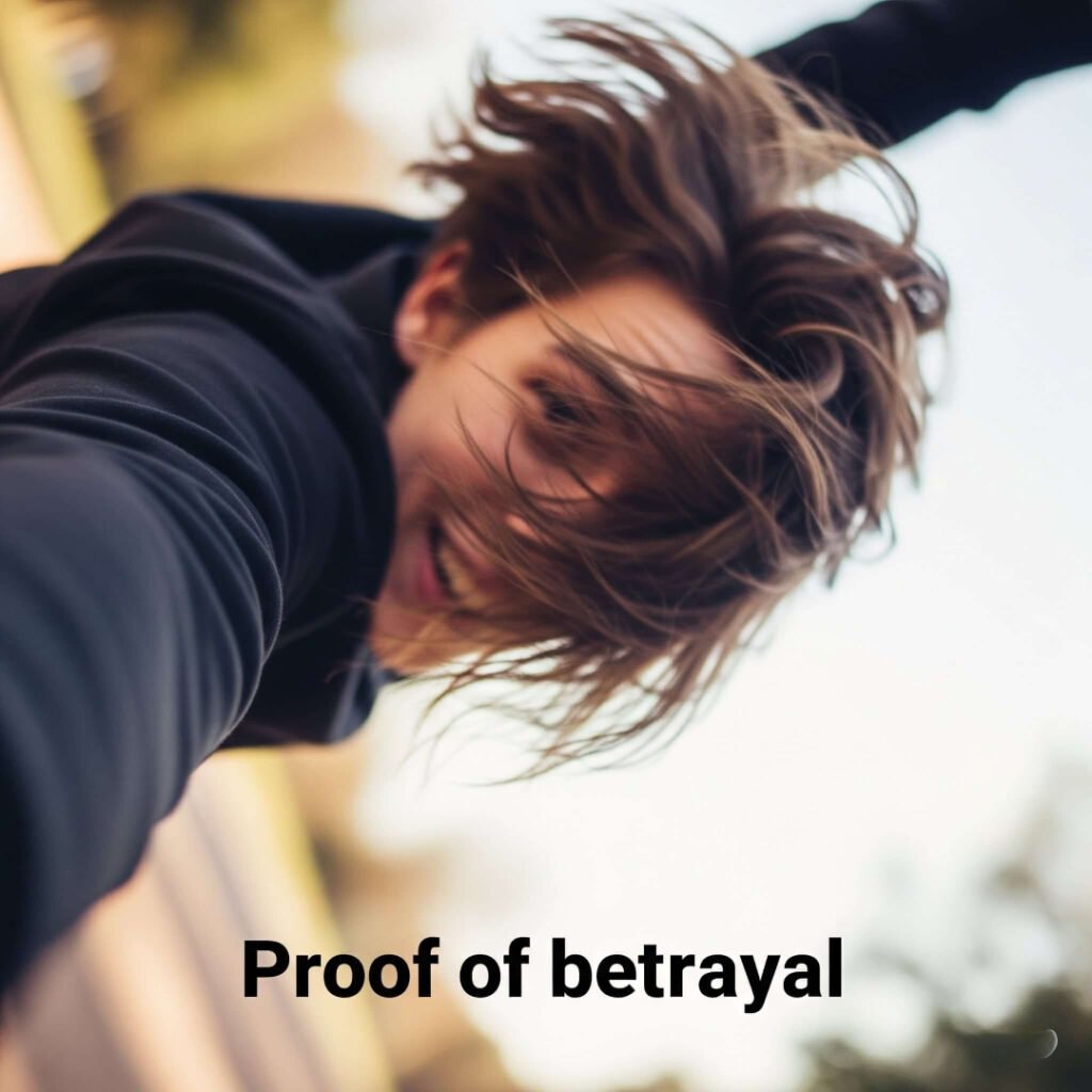 Blurry selfie, mid-fall, "Proof of betrayal" caption.