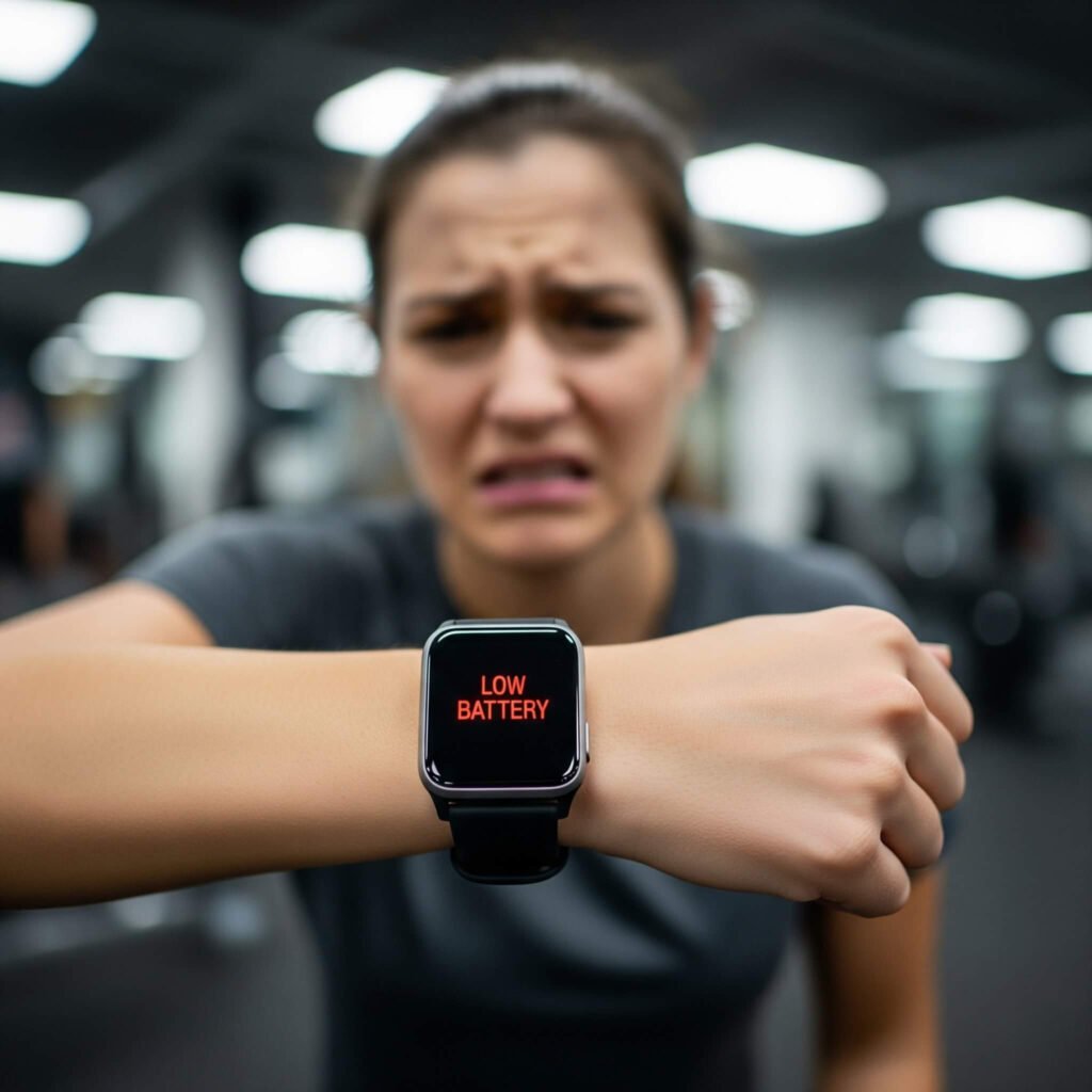 Gym workout interrupted by low battery smartwatch.