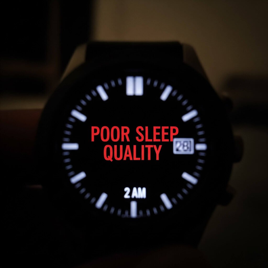 Watch face displaying "POOR SLEEP QUALITY" at 2 AM.