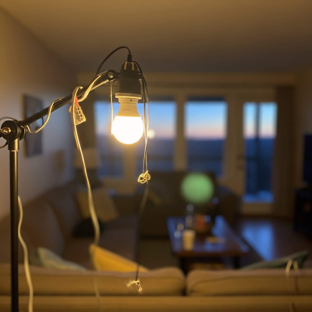 Thrift store lamp glowing in a living room.