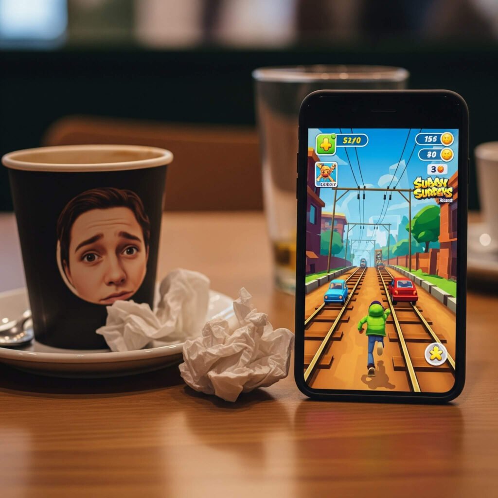 Subway Surfers on phone, coffee, and napkin on a cafe table.