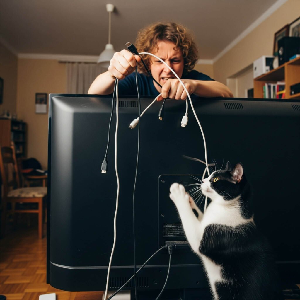 Person tangled in HDMI cables with cat.