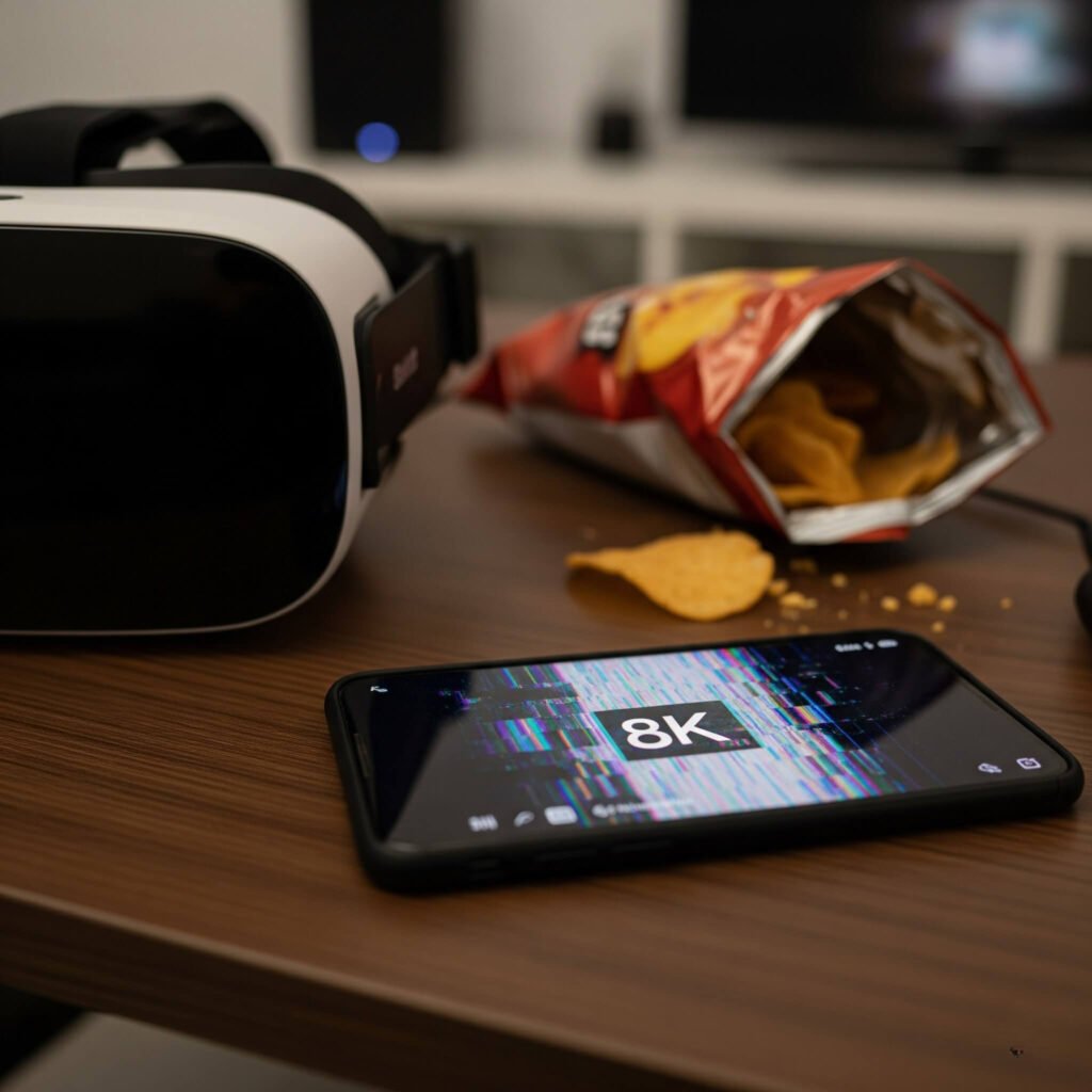 Cluttered coffee table with VR headset, chips