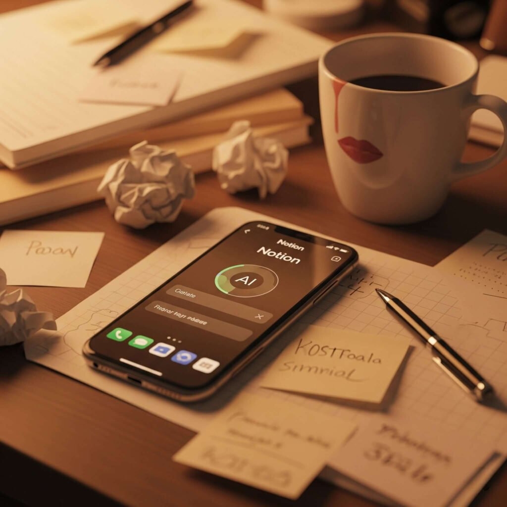 Cluttered desk with Notion AI on phone.