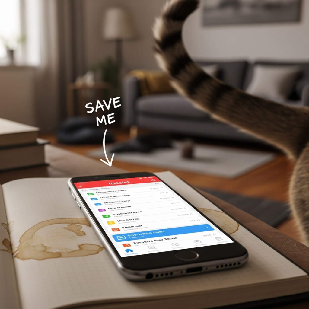Todoist on phone, cat tail, coffee-stained notebook.