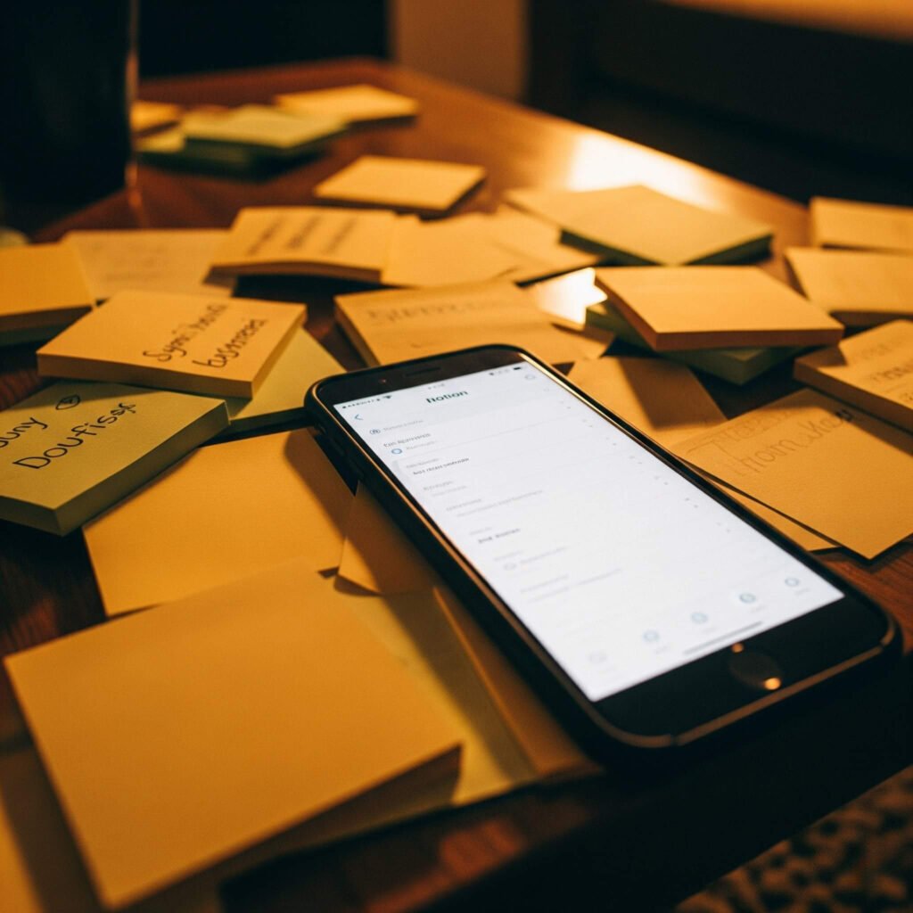 Coffee table with sticky notes and phone showing Notion.