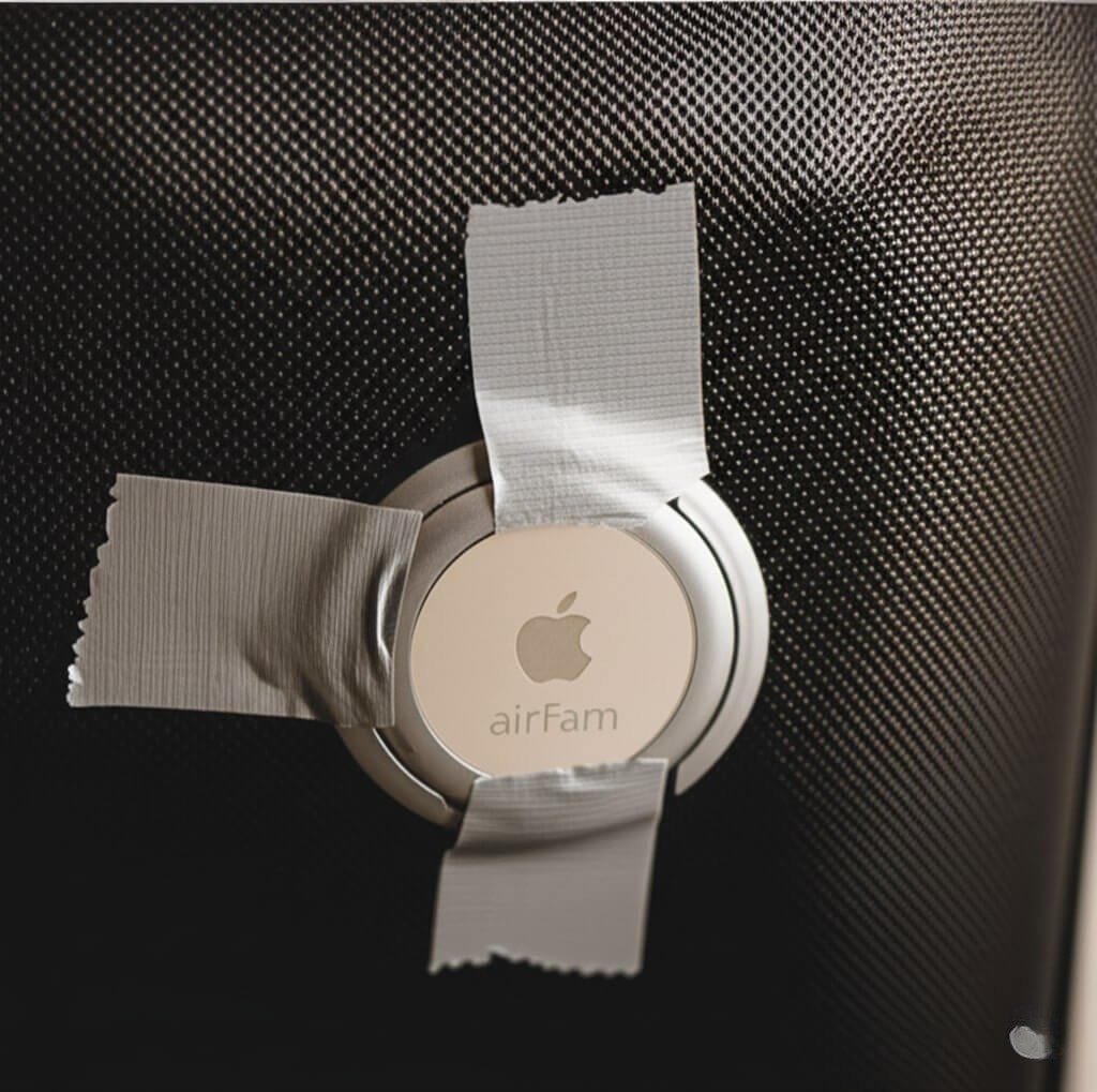 Duct-taped AirTag on suitcase: Desperate luggage tracking.