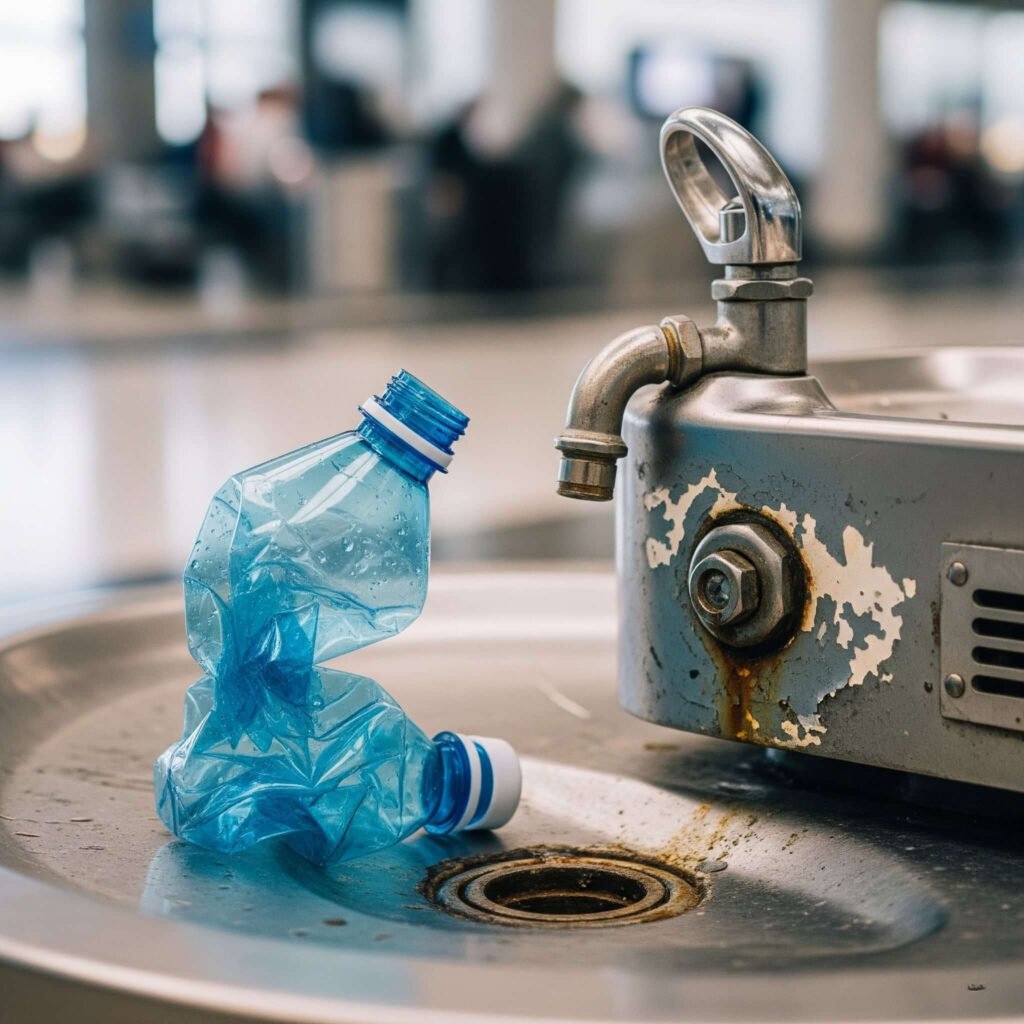 Crumpled water bottle at LAX water fountain.