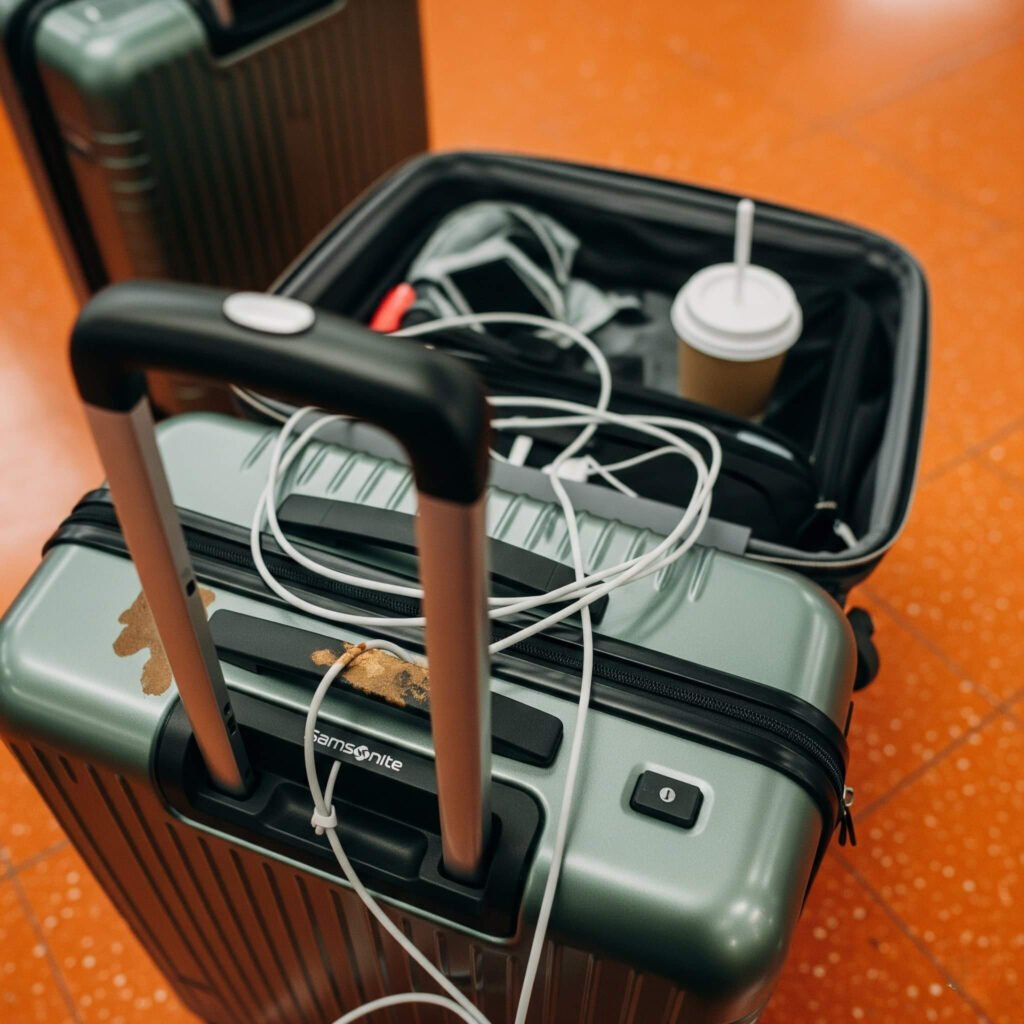 Samsonite smart suitcase at LAX, messy but hopeful.