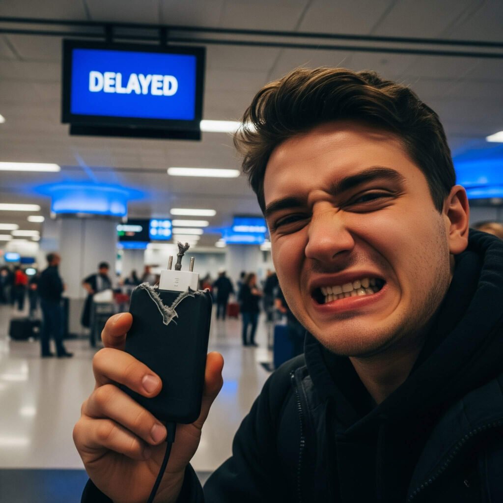 Stressed traveler selfie at JFK with delayed flight.