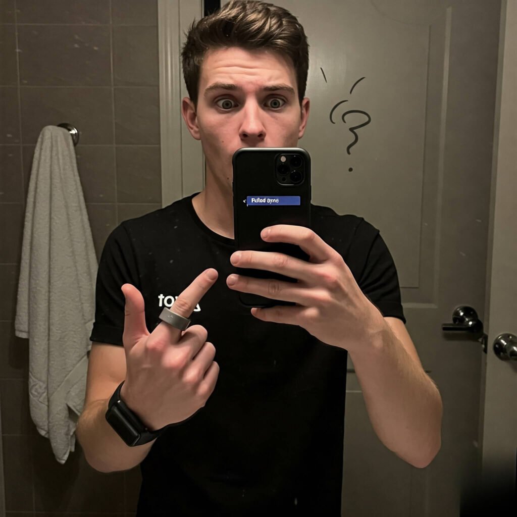 Oura Ring sync fail selfie, messy bathroom.