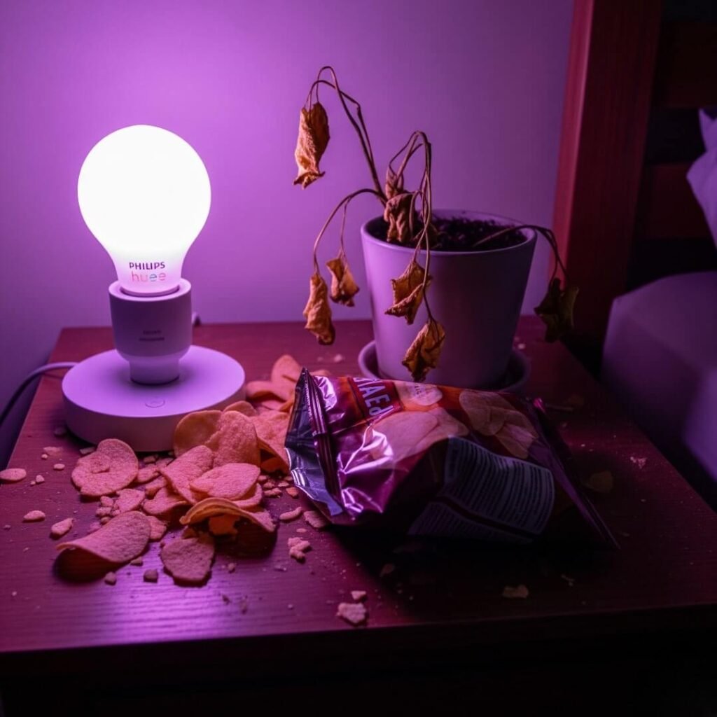 Messy Nightstand with Purple Light and Crumbs