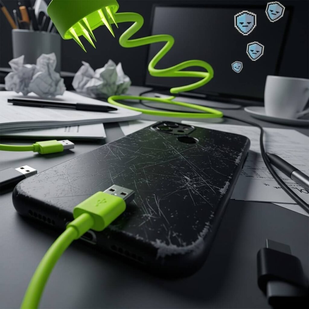 Beat-Up Phone Case and Tangled USB Cable