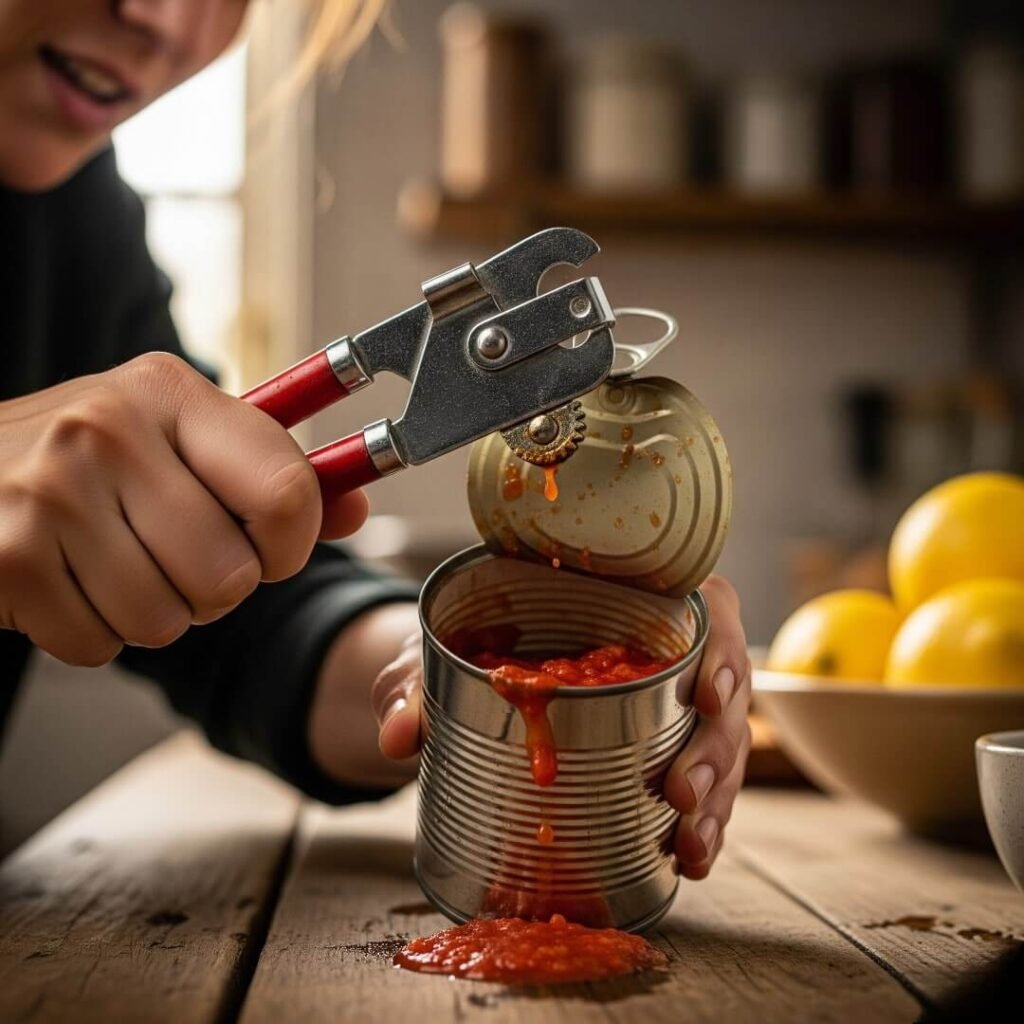 Can Opener Struggles: A Realistic Food Photography Shot