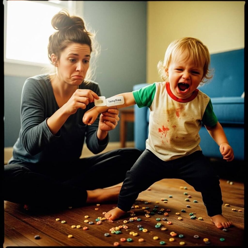 Candid Chaos: Frazzled Mom Struggles with a Flailing Kid and TempTraq