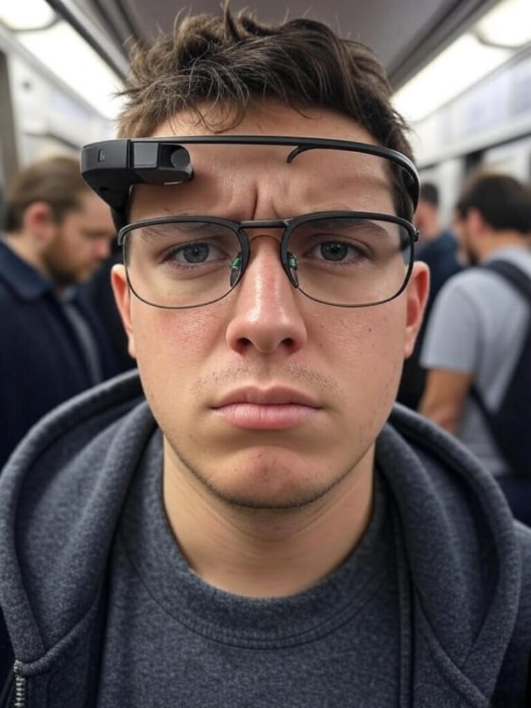 Lost guy in smart glasses on crowded NYC subway