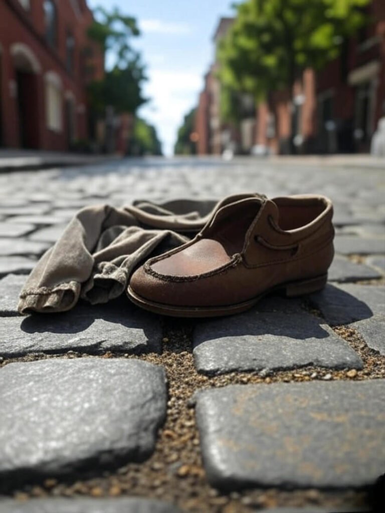 Untied loafer, crumpled chinos on Philly street