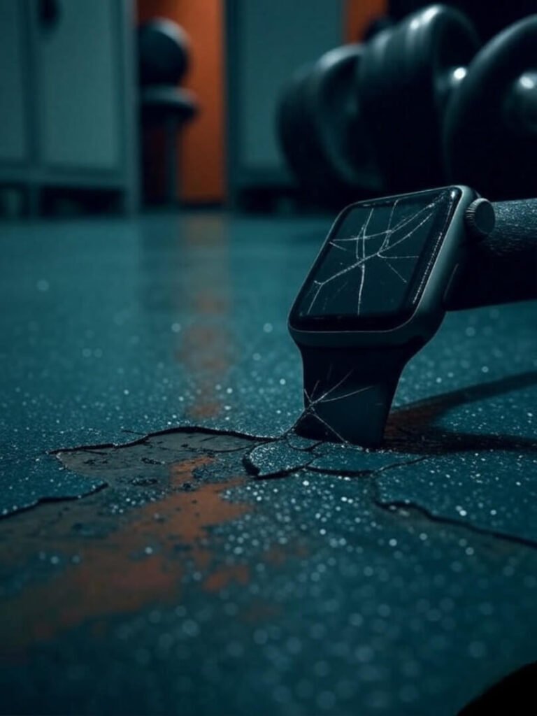 Cracked smartwatch, sweaty towel, gym floor, teal-orange vibe