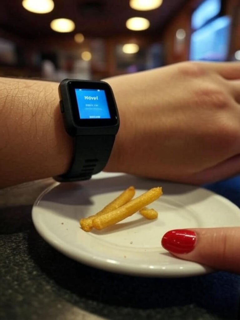 Scuffed Fitbit, "Move!" alert, chipped nails, stray fry