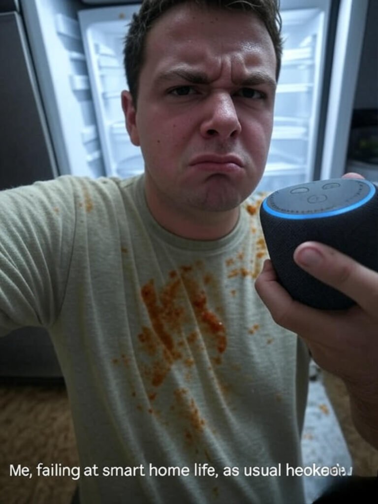 Shaky selfie with Echo Dot, pizza sauce, open fridge