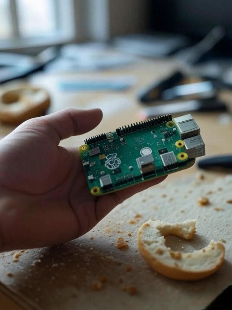 Hand fumbling Raspberry Pi, coffee stains, half-eaten bagel
