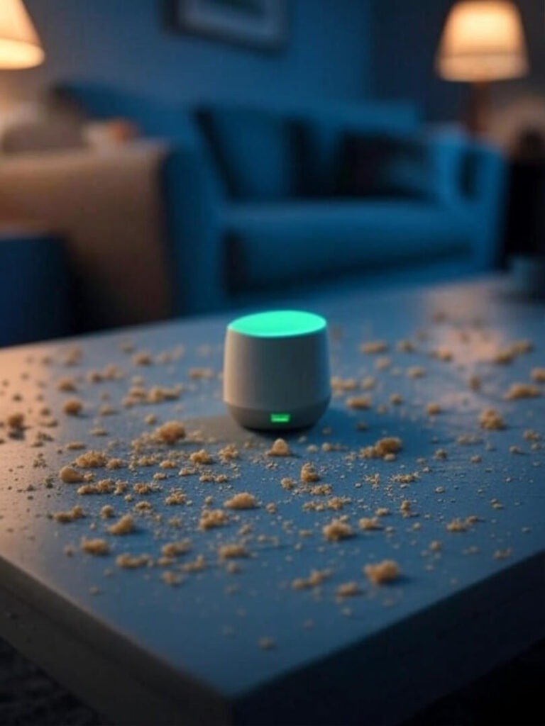 Messy coffee table with glowing smart speaker, crumbs galore