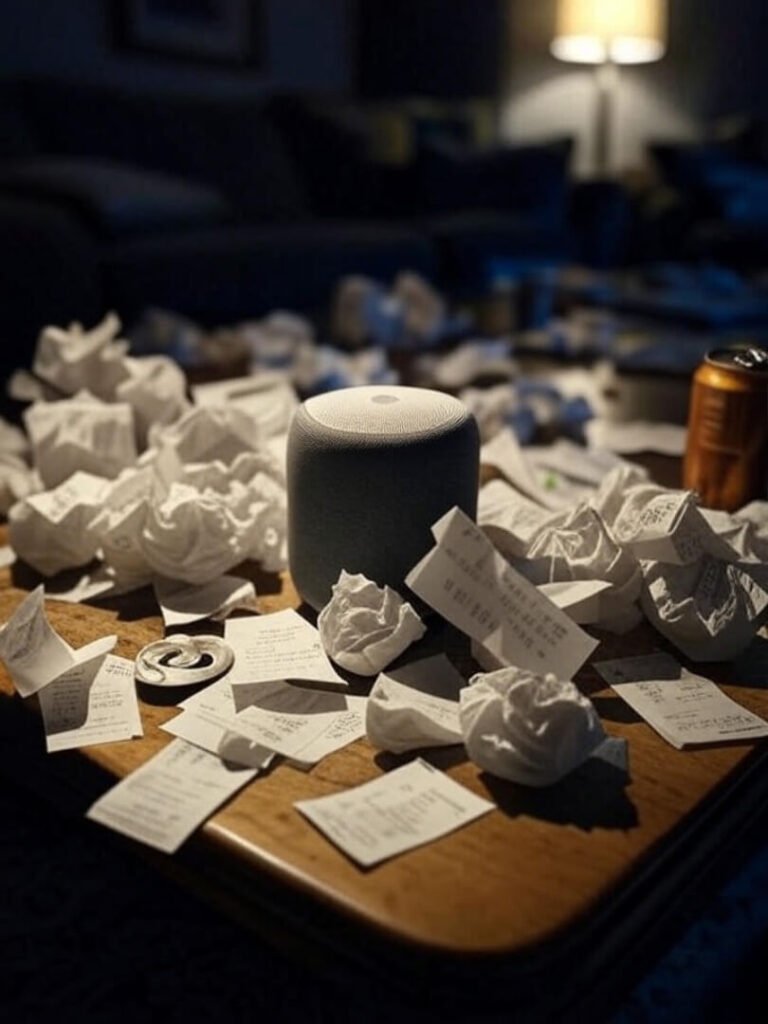 Smart speaker on cluttered table with receipts, soda can