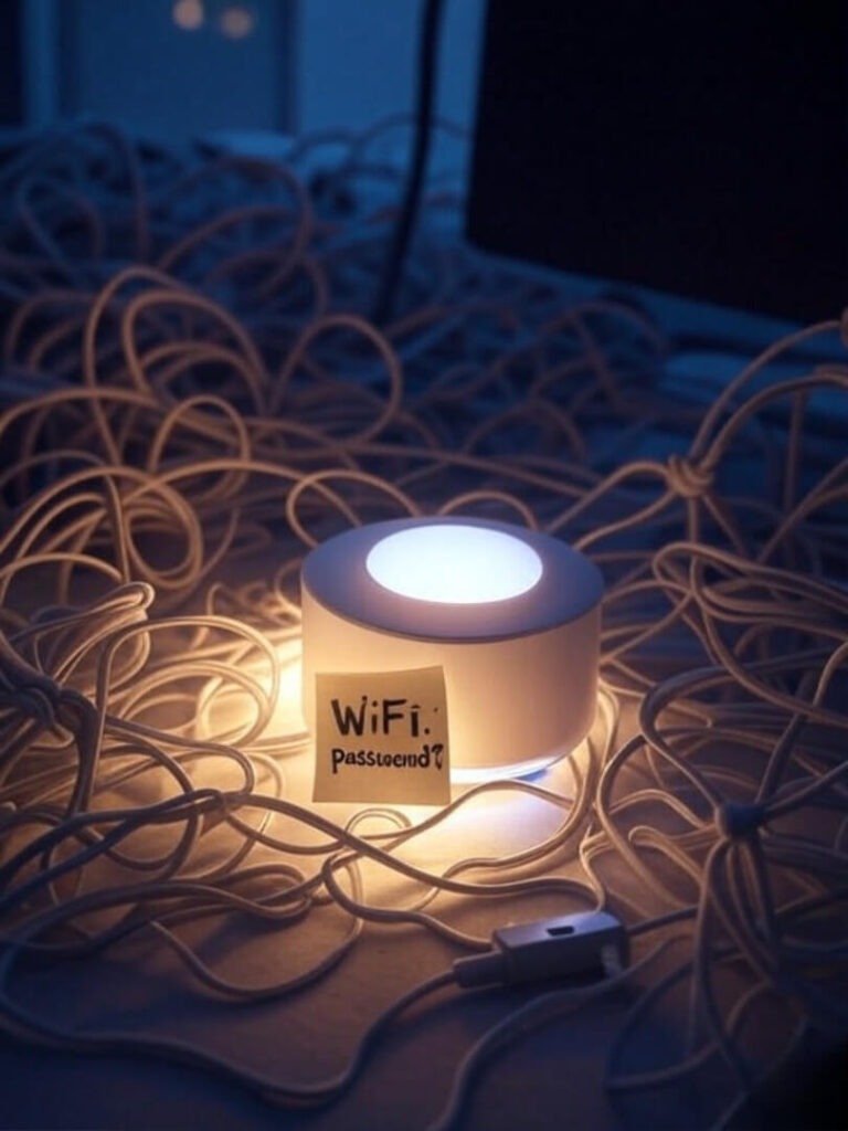 Glowing smart hub, tangled cables, WiFi note, chaotic desk