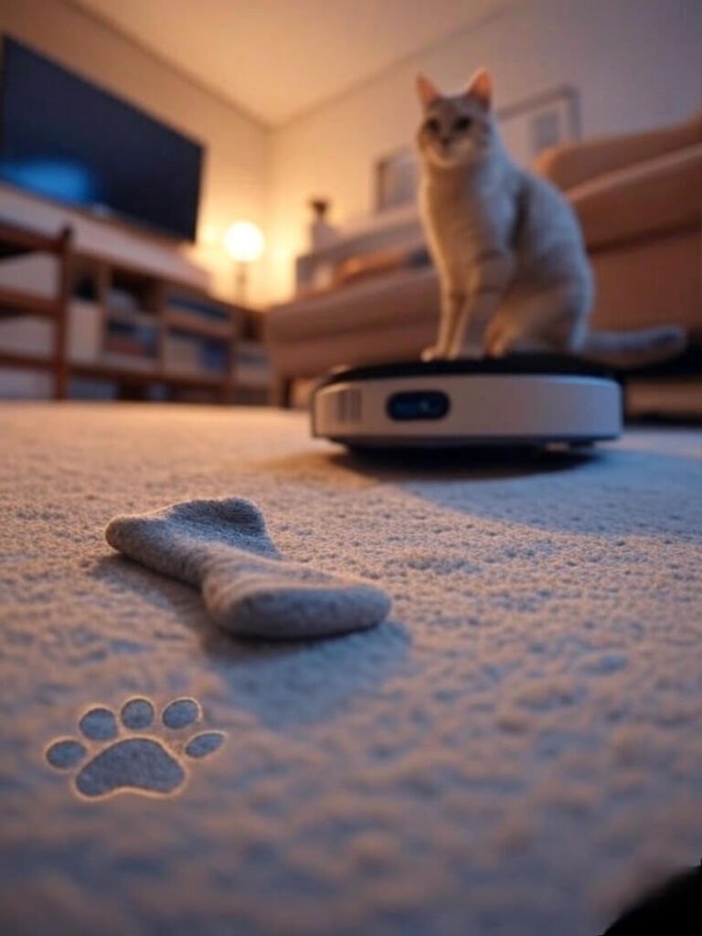 POV floor view, Roborock with sock, glaring cat Muffin, amber glow, paw print smudge