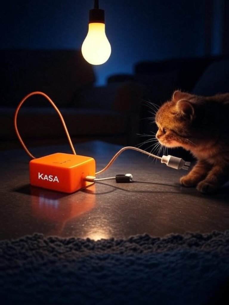 Blurry 2 a.m. scene: cat, Kasa plug, flickering bulb, chaos