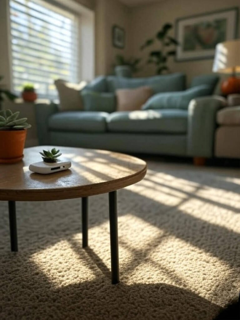 Sunny living room with smart succulent, humorous eco-home vibe