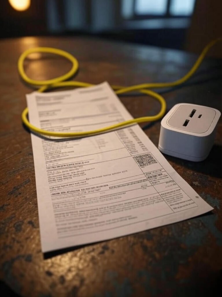 Creased bill, smart plug, neon cord mocks, gritty home scene
