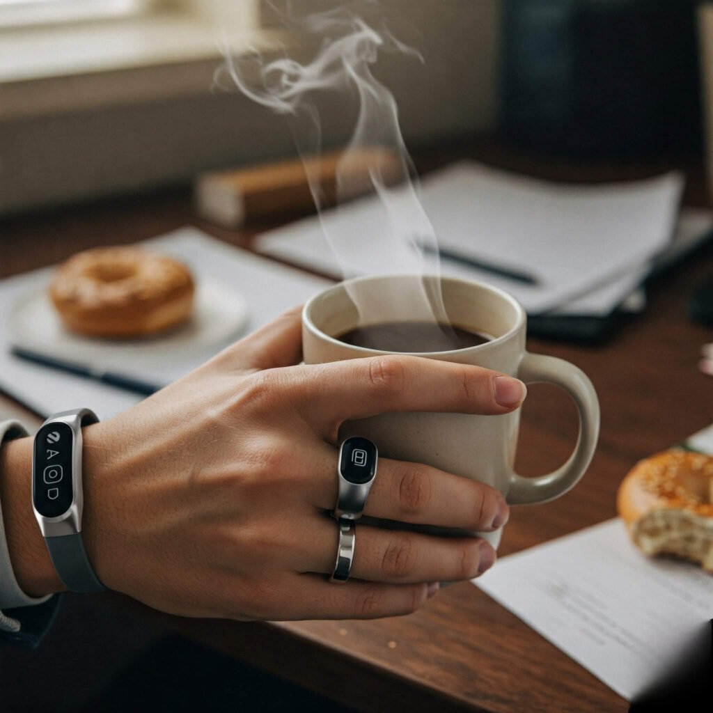 Smart ring, coffee, messy desk chaos.