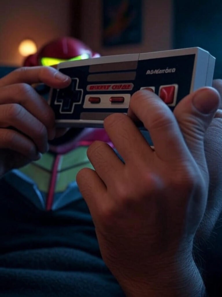Hands grip NES controller, Metroid glows on smudged glasses