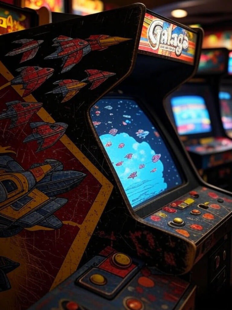 Scratched Galaga cabinet glowing at odd angle