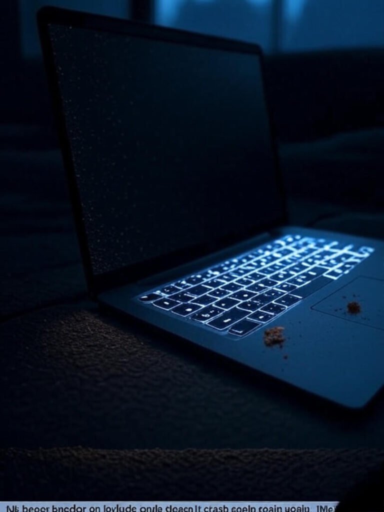 Gaming laptop with glowing keyboard, rain-streaked screen, Cheetos dust, dark room, 2 a.m. setup caption