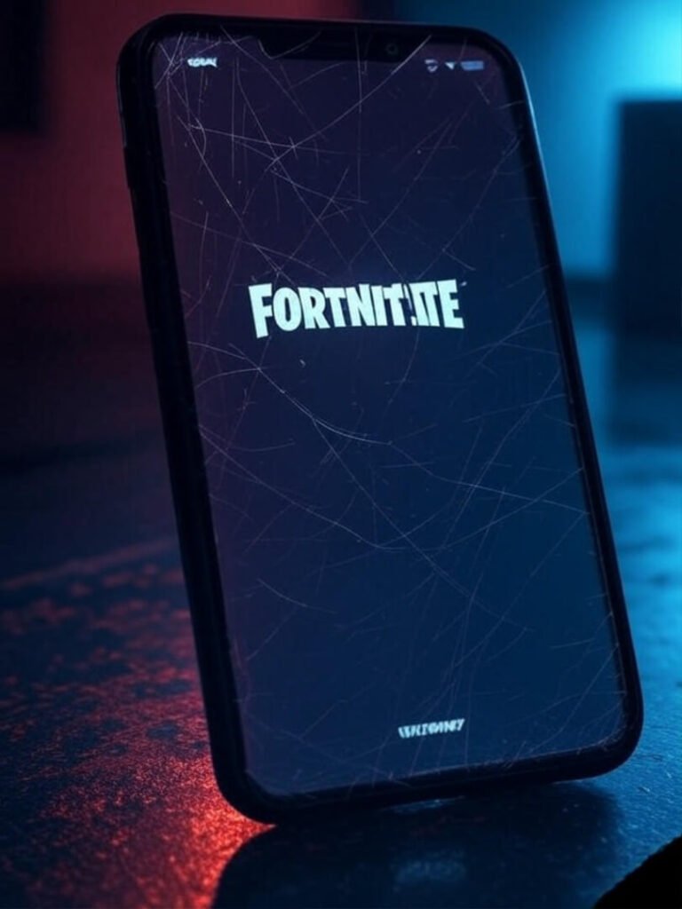 Scratched phone, Fortnite load, blurry reflection, neon frame