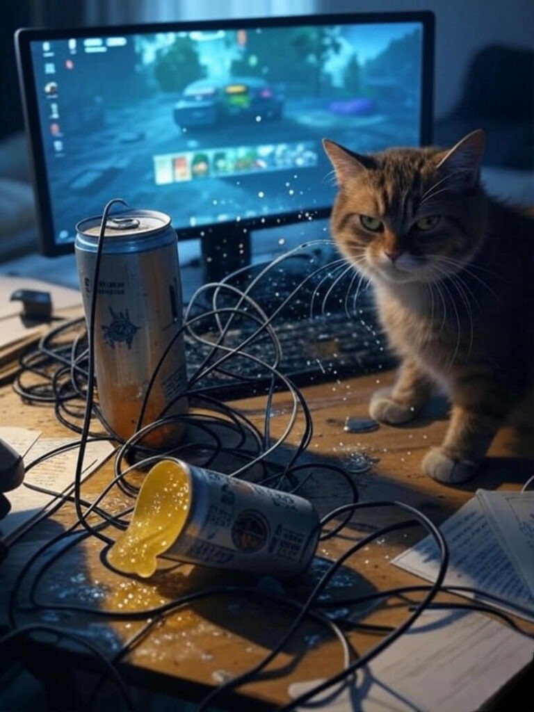 Frozen game, spilled seltzer, cat glares at cables