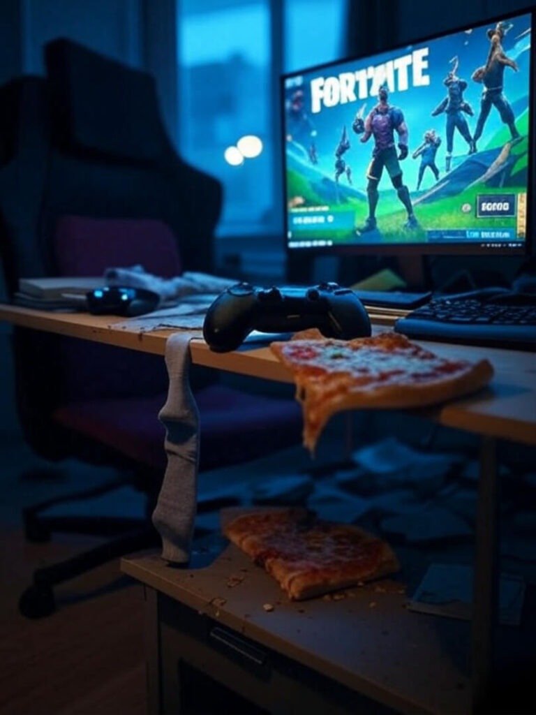 Messy desk, Fortnite screen, pizza, glowing controller, sock