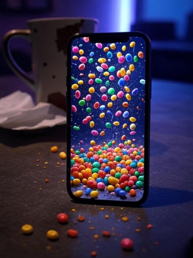 Blurry phone, exploding candies, chipped mug, crumpled napkin