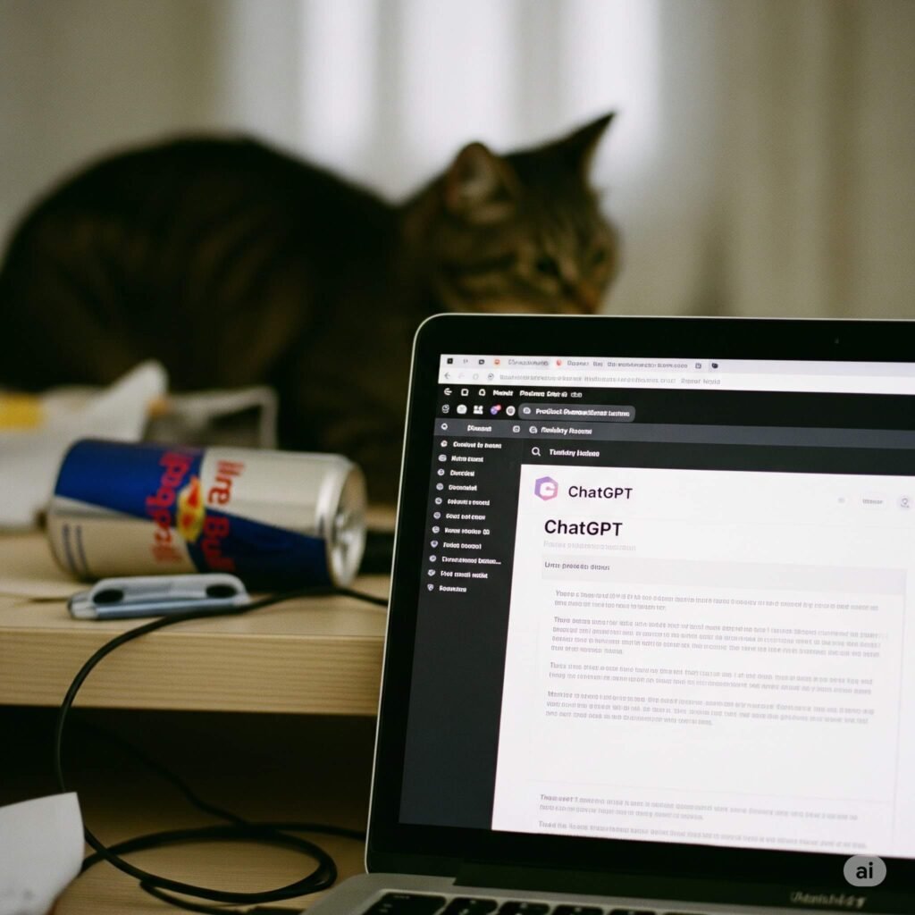 Laptop with ChatGPT, cat knocking over Red Bull.