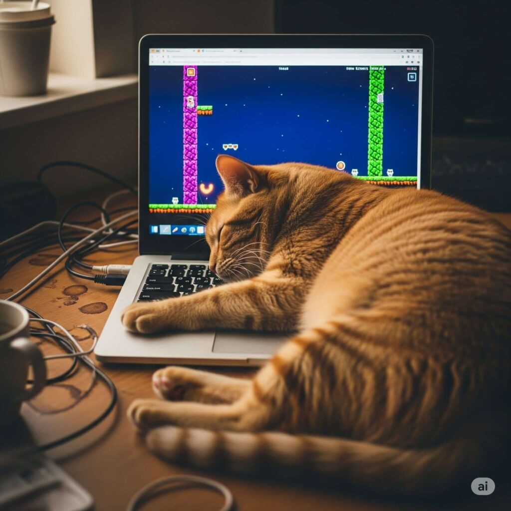 Cat blocking laptop keyboard while gaming.