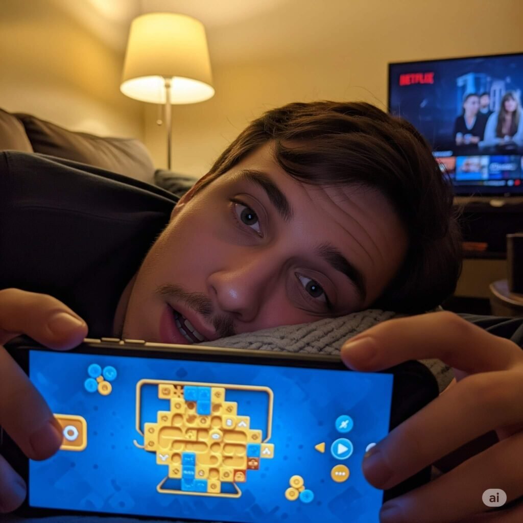Selfie of me on couch, phone with puzzle game, TV reflection.