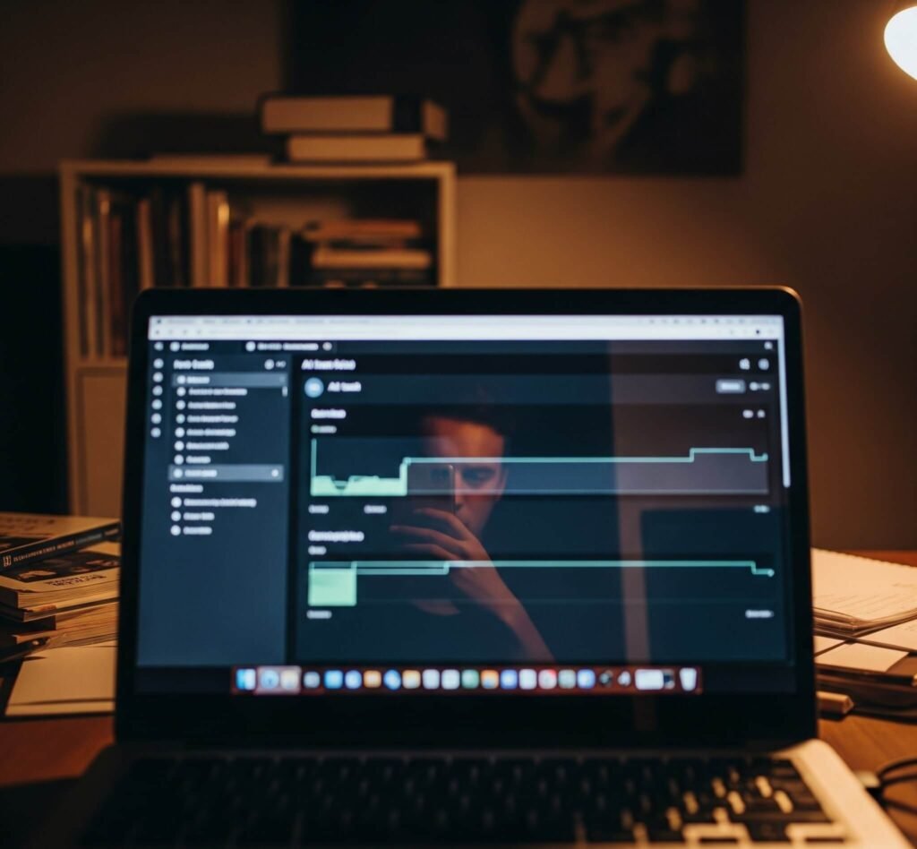 Late-night AI dashboard on laptop with reflection.