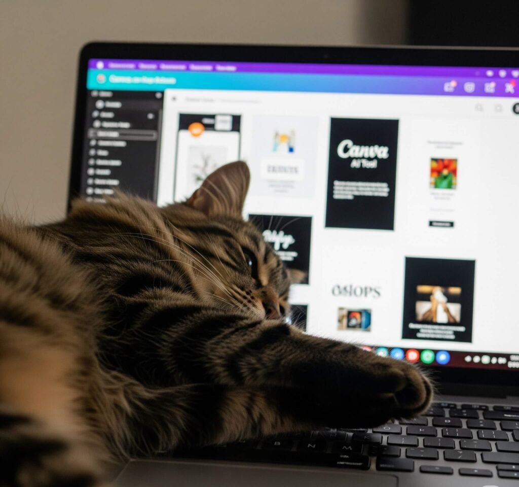 Blurry shot of cat on laptop, blocking Canva AI tool.