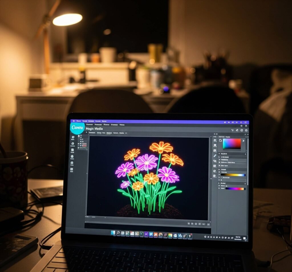 Laptop screen showing AI-generated neon flower garden.