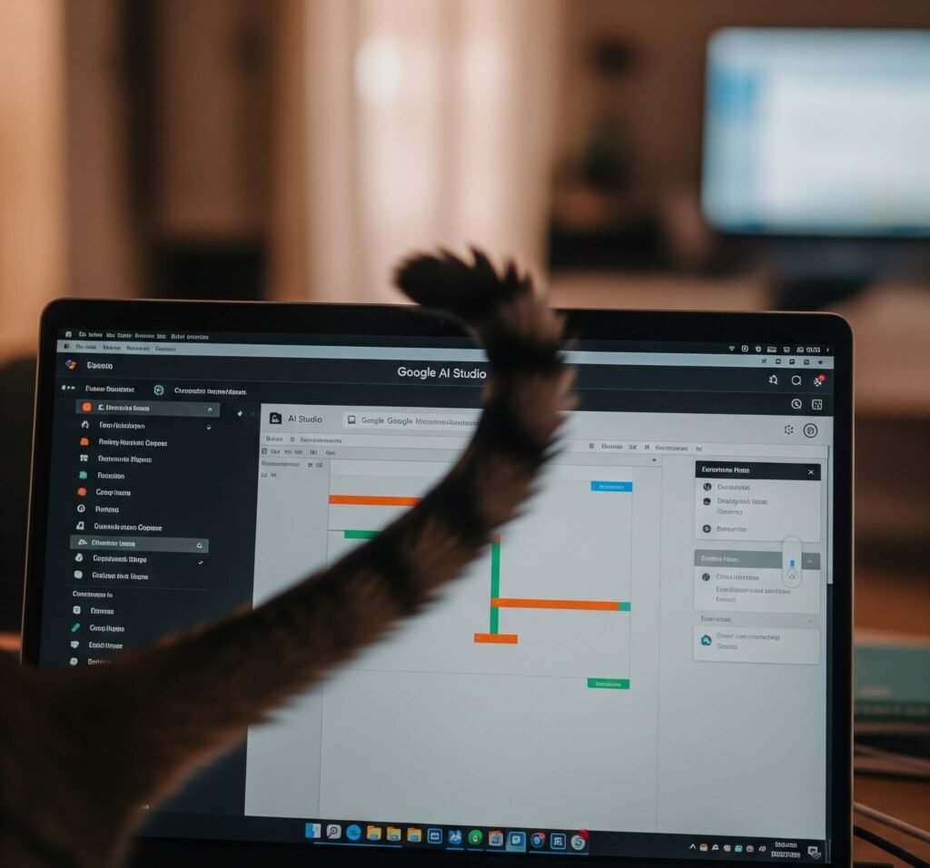Cat tail on laptop screen with Google AI Studio.