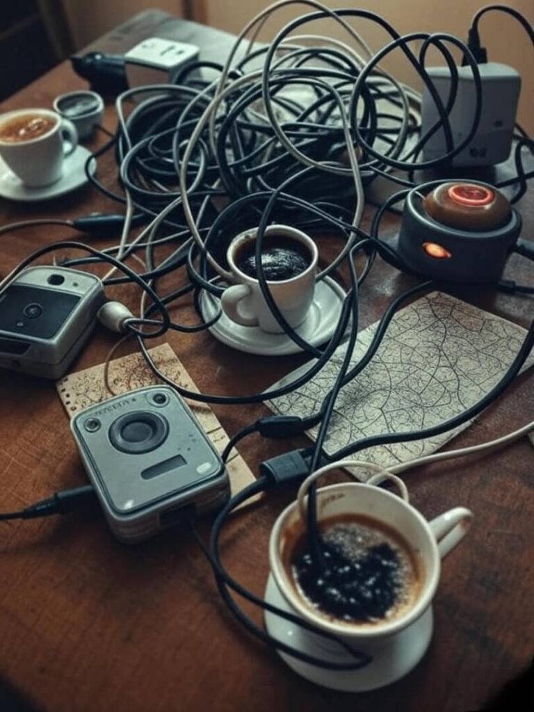 Tangled gadgets, coffee spills, wrong map on table