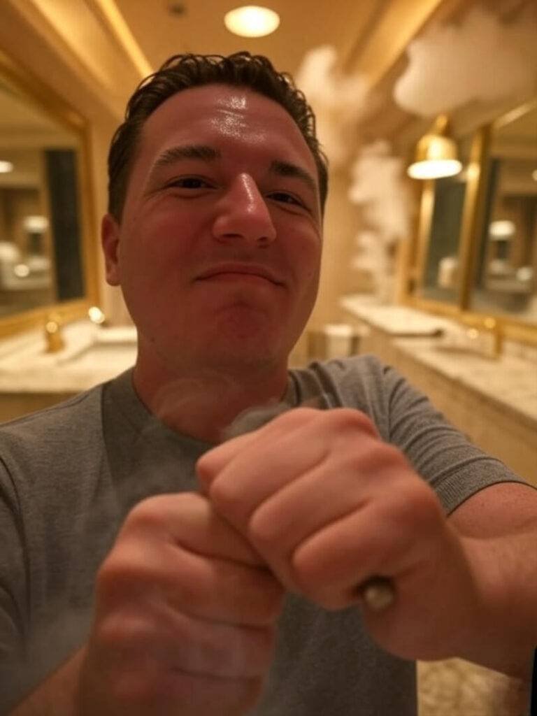 Sweaty Vegas selfie with neck fan chaos